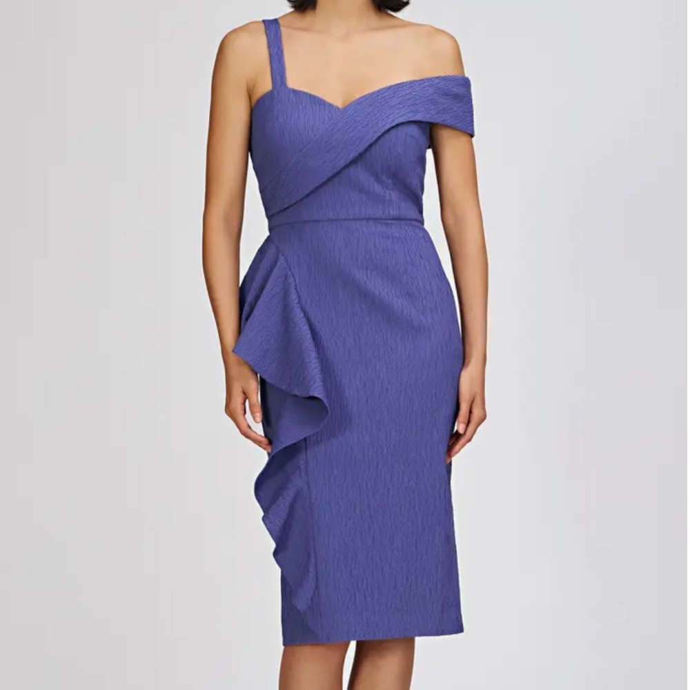 JS Collections Aerith One Shoulder Sz 6 Azure Blue Ruffle Cocktail Wedding Guest